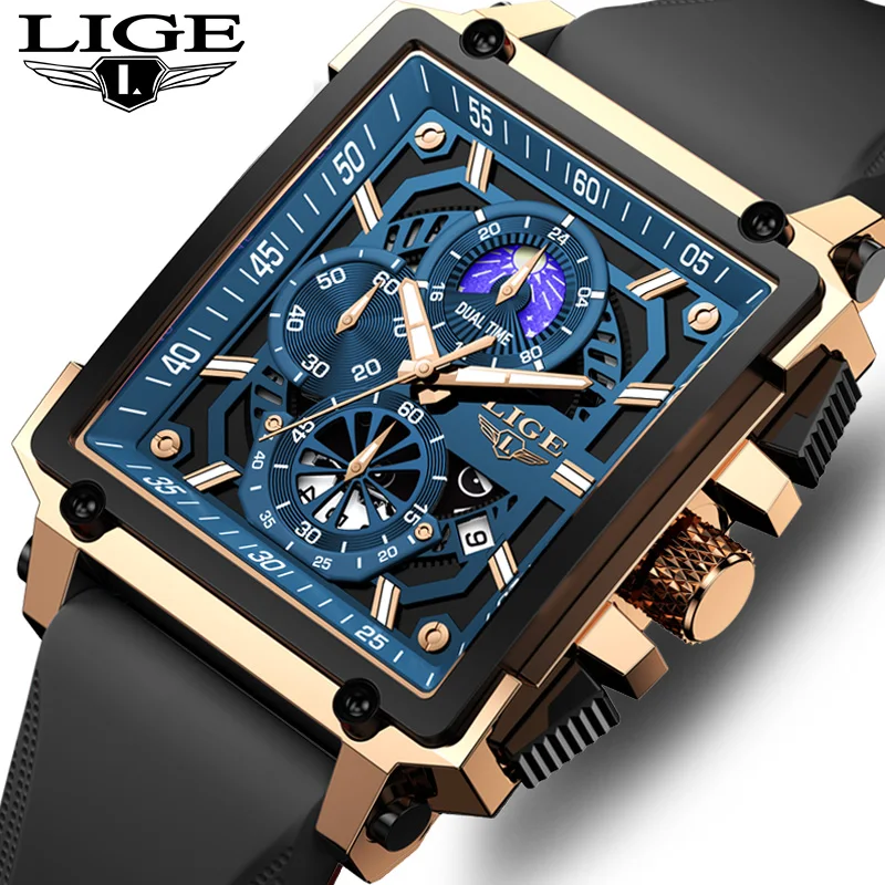 LIGE Man Wristwatches Business Luxury Hollow Quartz Watch Man Gold Square Luminous Chronograph Moon Phase Mens Watches Reloj+box