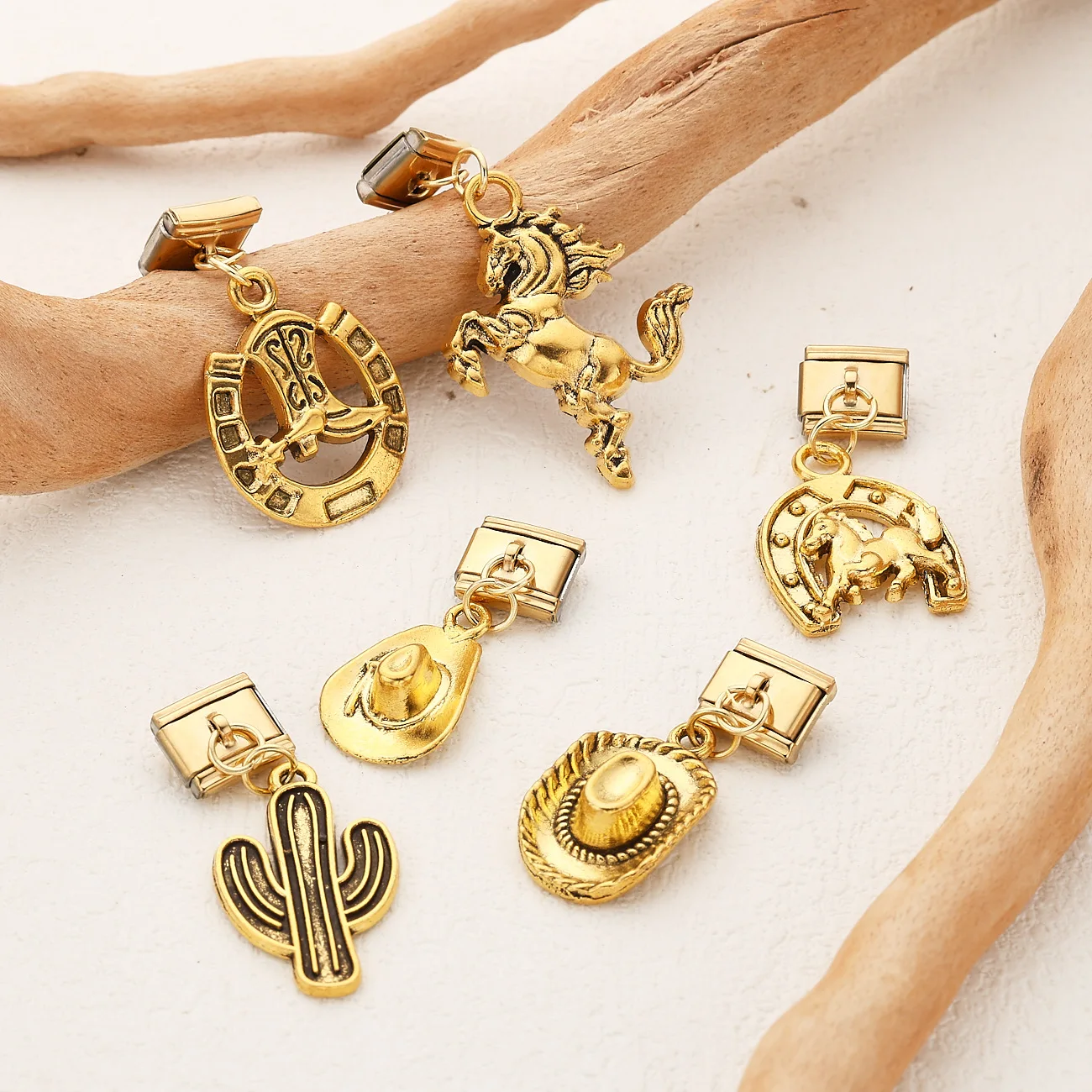 

Hot selling Western Cowboy Series Pendant Gold Color Italian Charm Module DIY Stainless Steel Bracelets DIY Making Accessories