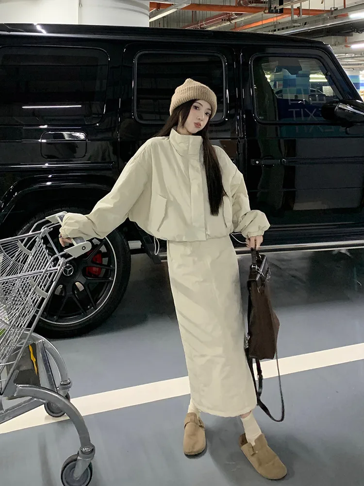 

Faionable Sle Women's Ensemble Cotton Jaet And Long Skirt Two-Piece Set Winter Casual Wear High Waist Loose Fit