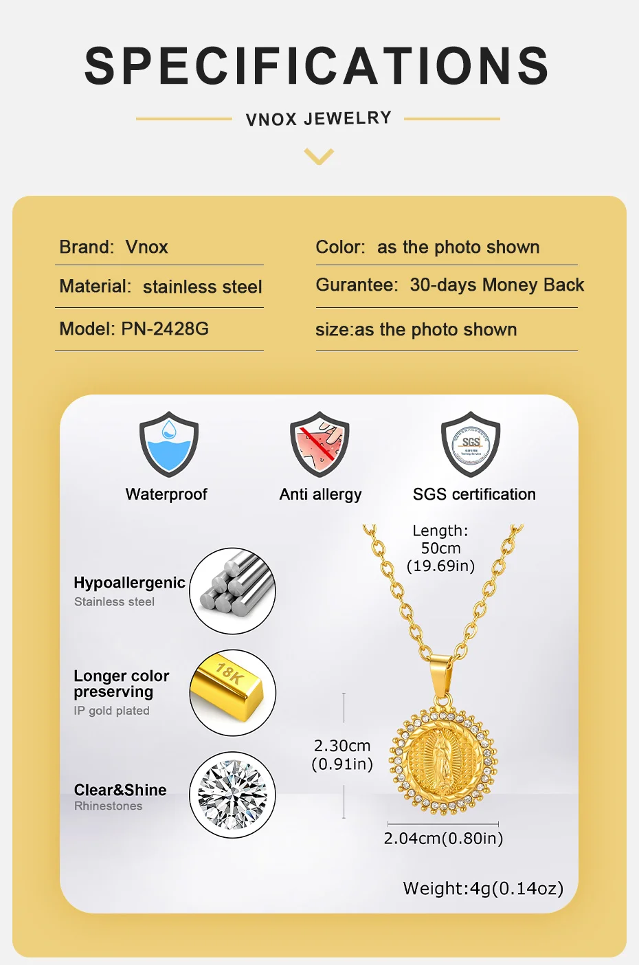 Vnox Halskette Unserer Lieben Frau von Guadalupe, Edelstahl-Anhänger mit Jungfrau-Maria-Medaillon, katholisches religiöses Amulett-Schmuckstück, Geschenk für Männer – Detail 4