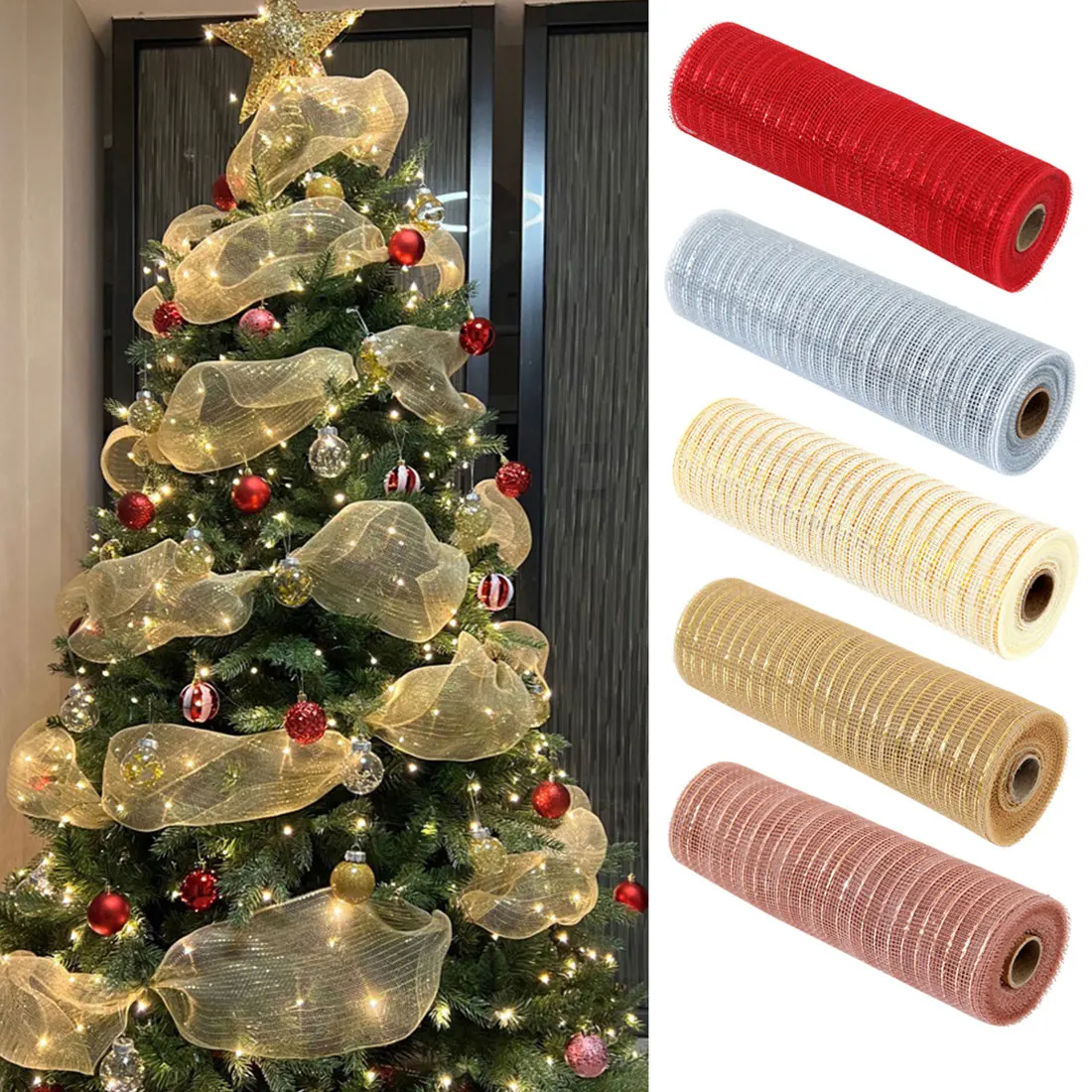 26CM Christmas Ribbon Tree Decoration Mesh Tulle Roll Fabric Pendant Merry Christmas Decor For Home Xmas Gifts DIY New Year