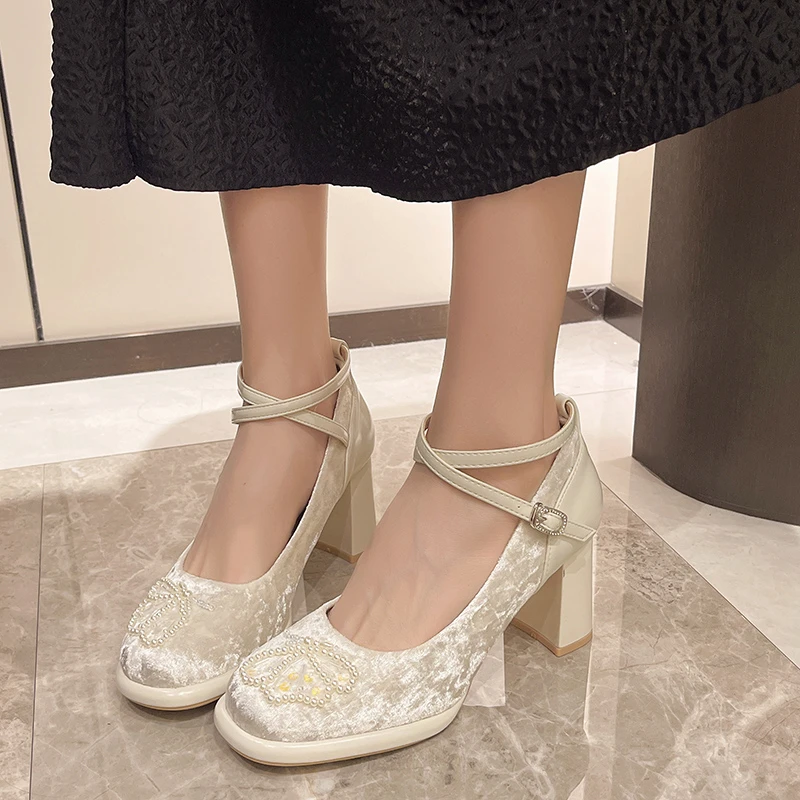 

Satin Block Heel Single Shoes Fashion Round Toe Shallow Mouth One Strap Anti-Slip Wear-Resistant High Heels