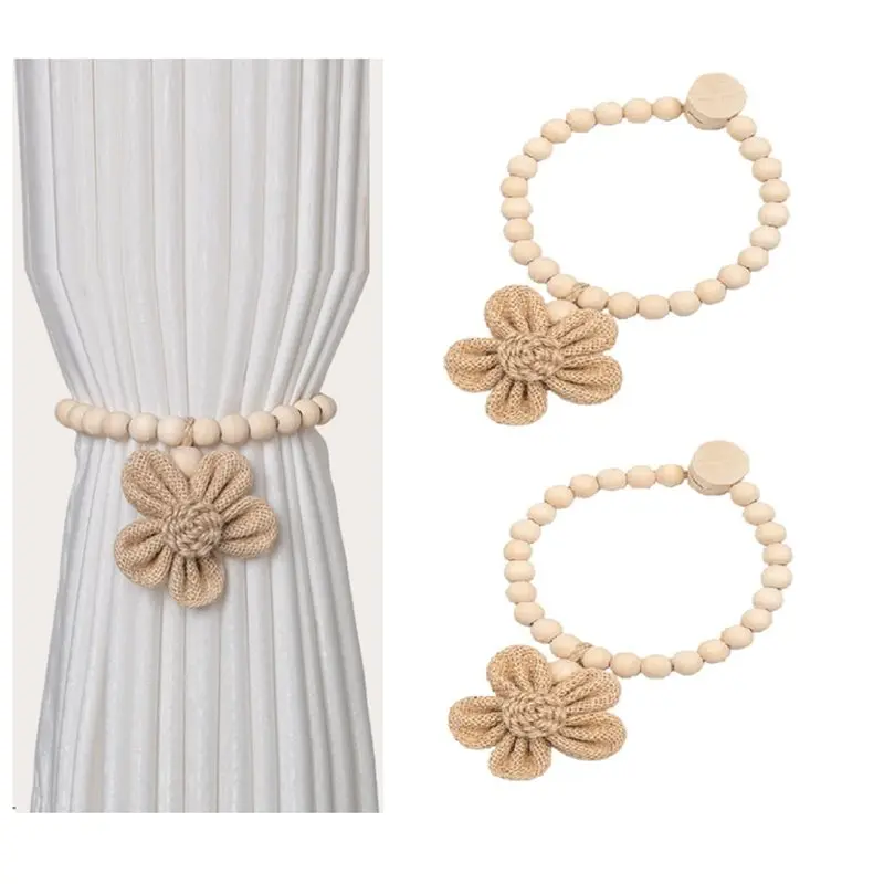 Retail Beaded Sunflower Magnetic Curtain Tiebacks 2 Pcs Strong Curtain Holdbacks Boho Wooden Curtain Tie Backs