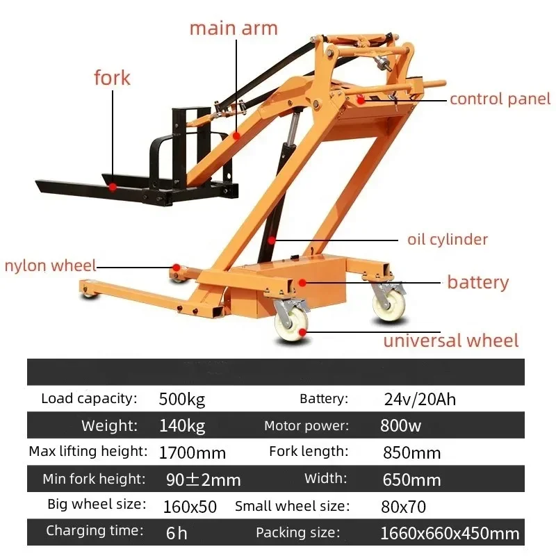 500kg Mini Stacker Electric Forklift Portable Forklifts Small Hand Push Forklift Electric Self Loading Forklifts with Battery