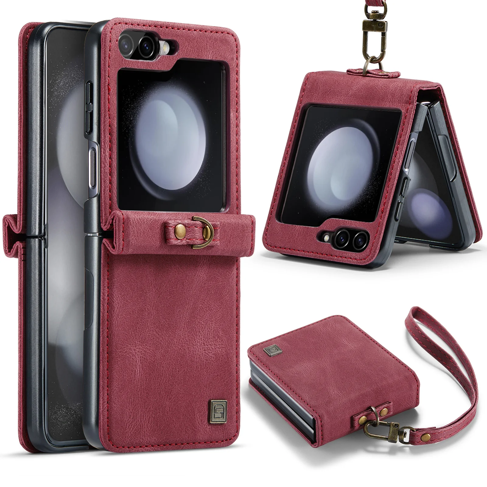 

AUTSPACE Skin Feel Retro Leather Case for Galaxy Z Flip 5 Z Flip 4 Shockproof Wrist Strap Folding Protective Hinge Cover