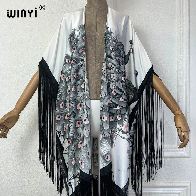 WINYI Africa kimono cover-ups summer boho peacock print Bikini Cover-up Elegant fashion Cardigan sexy Holiday tassels maxi dress