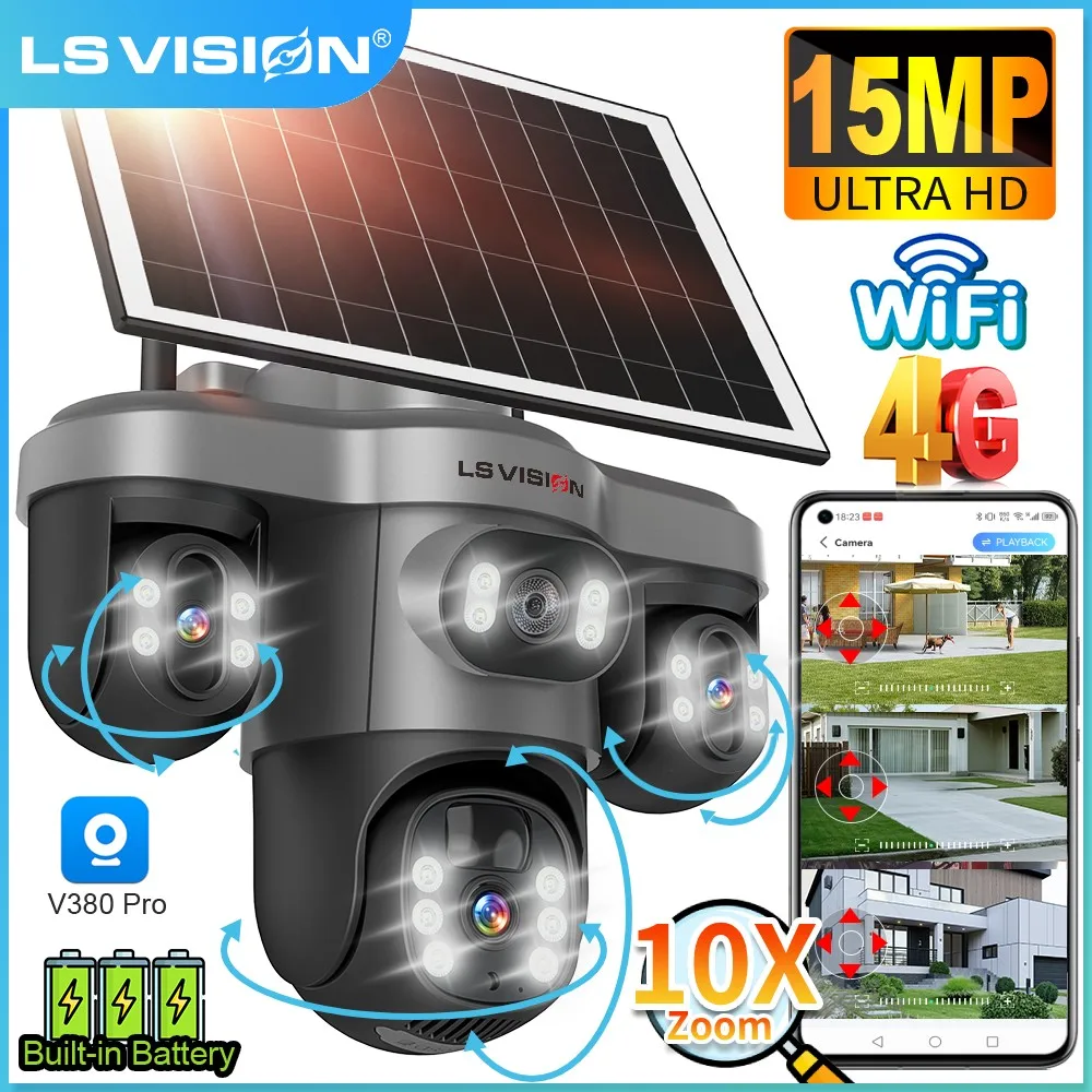 

LS VISION 15MP 3 Screens WiFi/4G Solar Camera Outdoor Electric 3 PTZ 10X Digital Zoom Auto Tracking IP Security Cameras V380 Pro