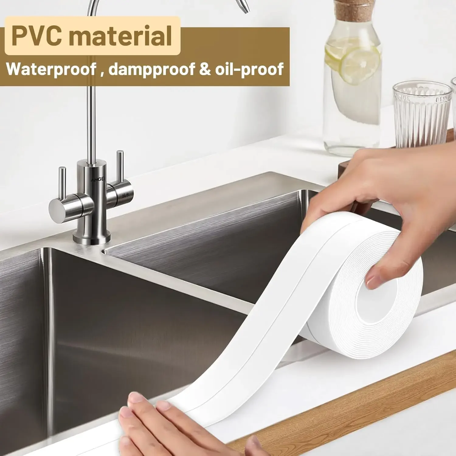 Waterproof Self Adhesive Caulk Tape Toilet Bathtub Sealant Strip for Kitchen Bathroom Sink Countertop Floor Wall Edge Protector