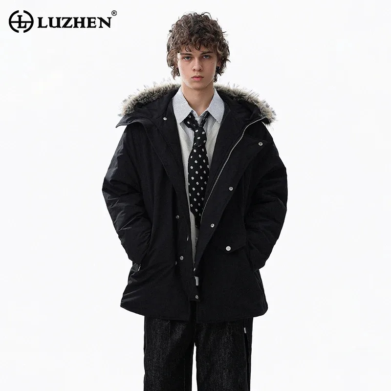 

LUZHEN 2025 Winter Fashion Cross Buttoned Placket Thickened Warm Parka Jacket Men's Trendy Solid Color Hooded Padded Coat JY4973