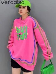 Vefadisa 2024 Autumn New Pink Women Letter Printed Hoodie O-Neck Long Sleeve Patchwork Hoodie Fashion All-match Top ZXY788A