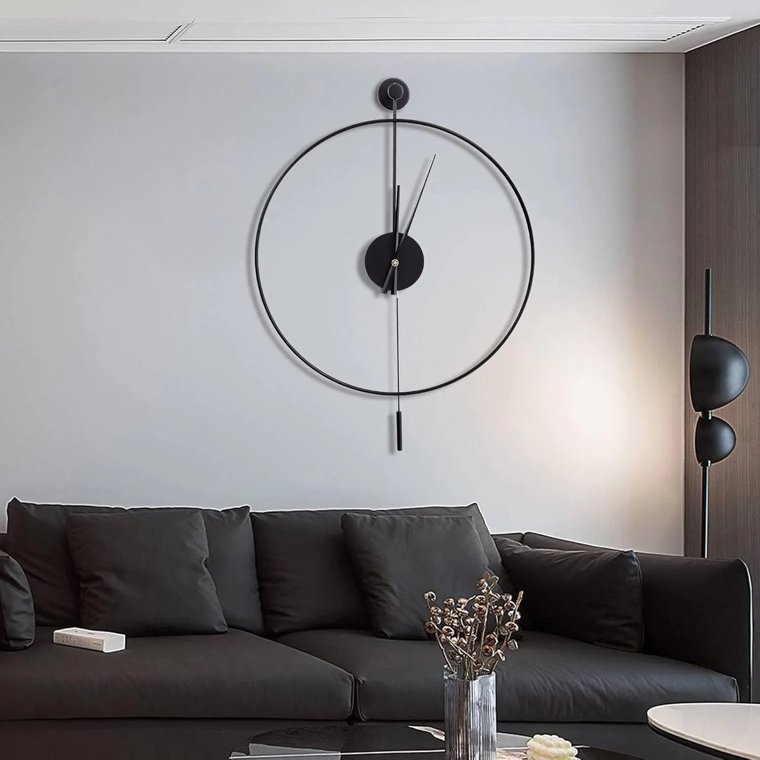 

Classical Large Decorative Wall Clock with Pendulum Modern Non-Ticking Silent Minimalist Metal Wall Clocks (Black)