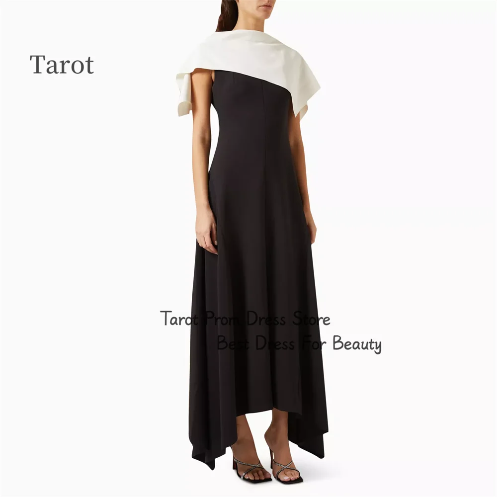 

Tarot Vintage Boat-Neck Saudi Prom Dresses A Line Long Sleeveless Sexy Evening Dress Ruffle Ankle Length robes de soirée