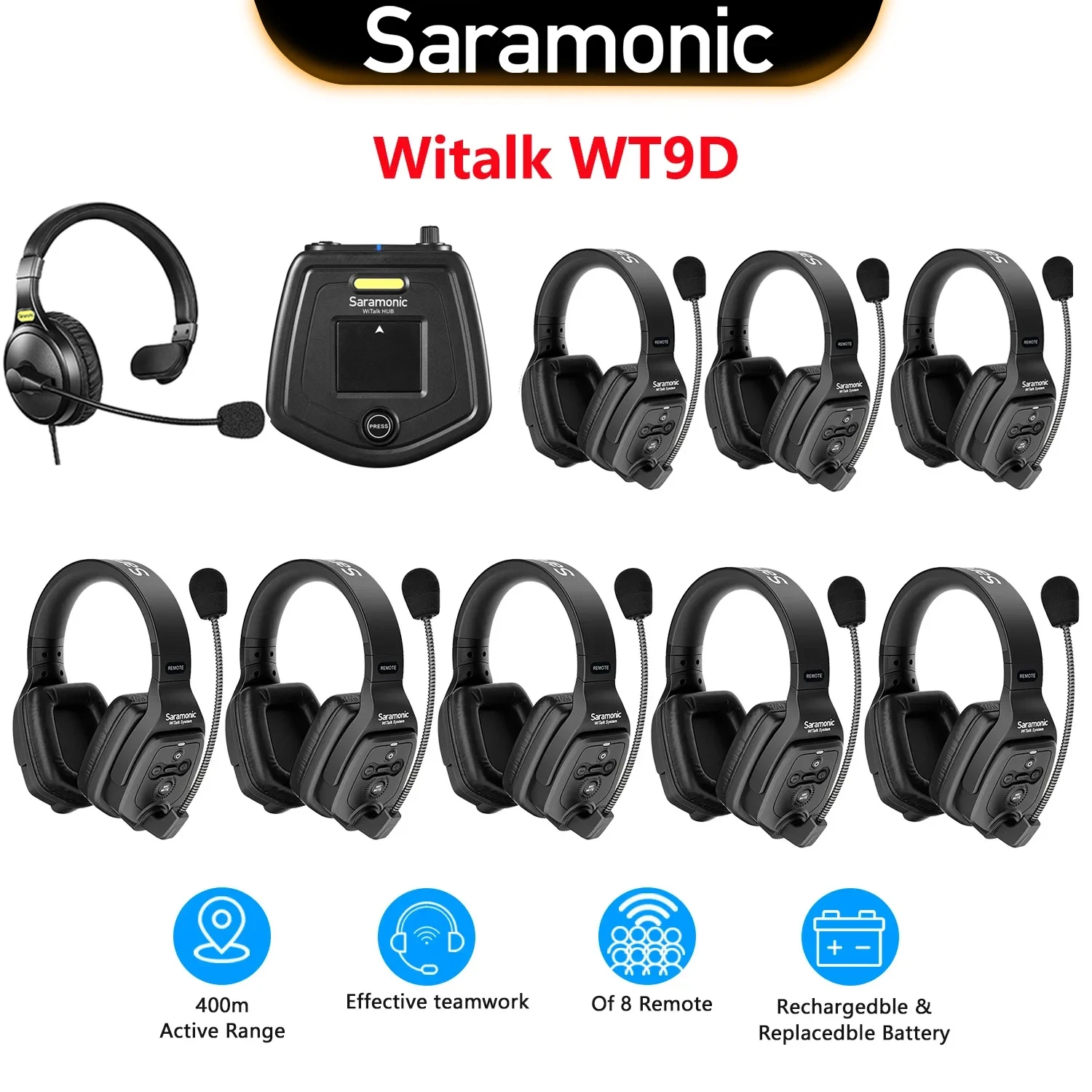 Saramonic Witalk WT9D Full Duplex Wireless Intercom Headset System Team Communication Headsets Microphone for Film Stage Sports