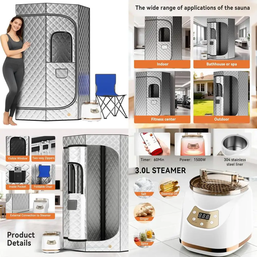 

Portable Steam Sauna Tent for Single Use with 3.0L, 1500W Heater, Remote Control, Folding Chair, and RGB LED Lighting (Silver)
