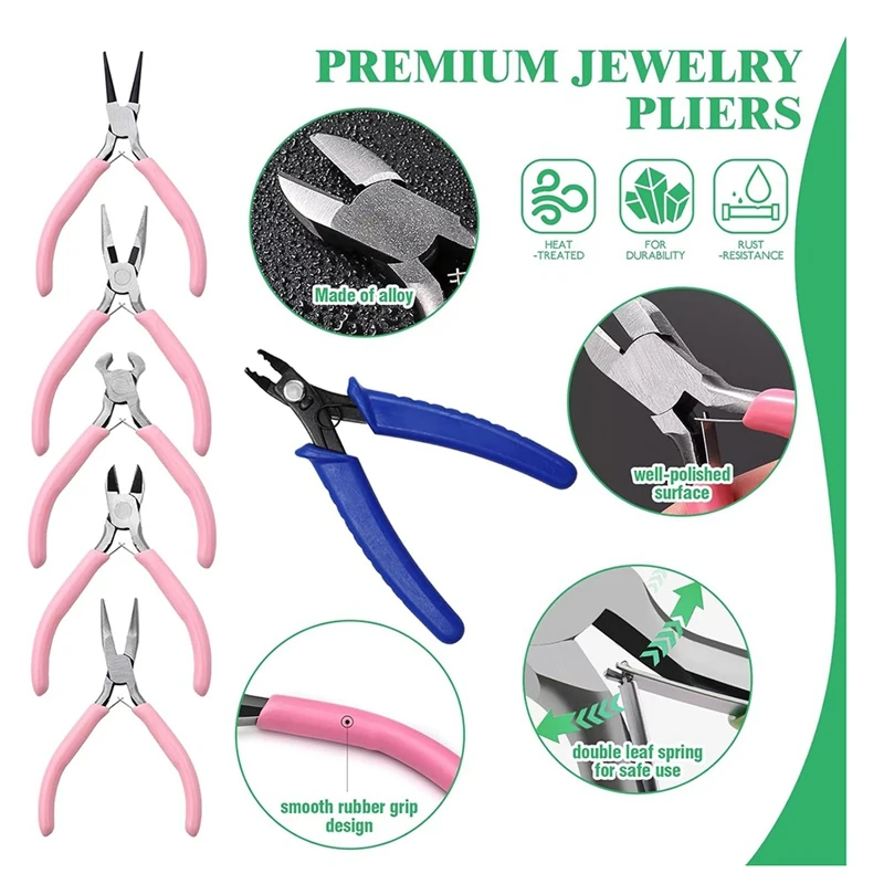 17Pcs Jewelry Pliers With 0.4Mm, 0.5Mm, 0.6Mm, 0.7Mm, 0.8Mm, 1Mm Elastic Bracelet String Cord & 26 Gauge Jewelry Wire