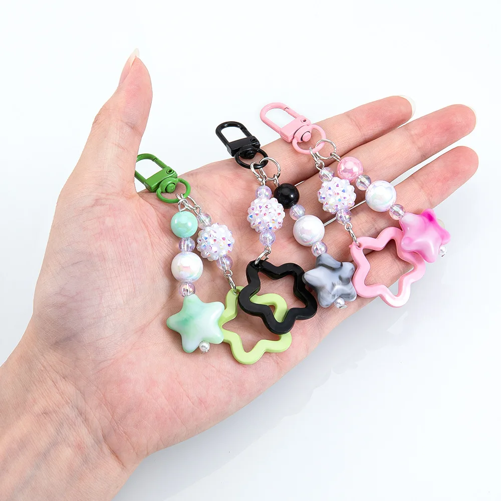 Lovely Acrylic Hollow Stars Keychain Candy Color Beaded Chain Keyring Girl Student Backpack Pendant Earphone Case Accessories