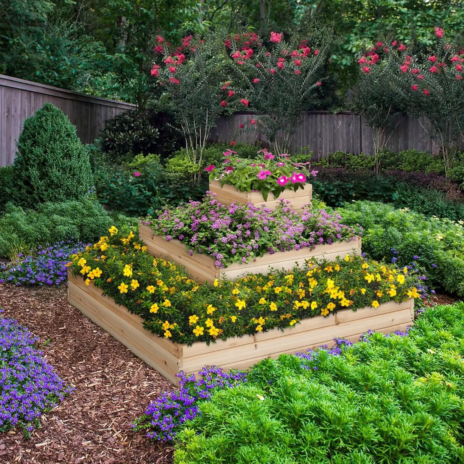 3 Tier Wooden Raised Garden Bed 44.5'' L×44.5″ W×20.5″ H, Horticulture Open-Bottom Planter Raised Garden Bed for Flowers/Herbs/Vegetables Planter Flower Box