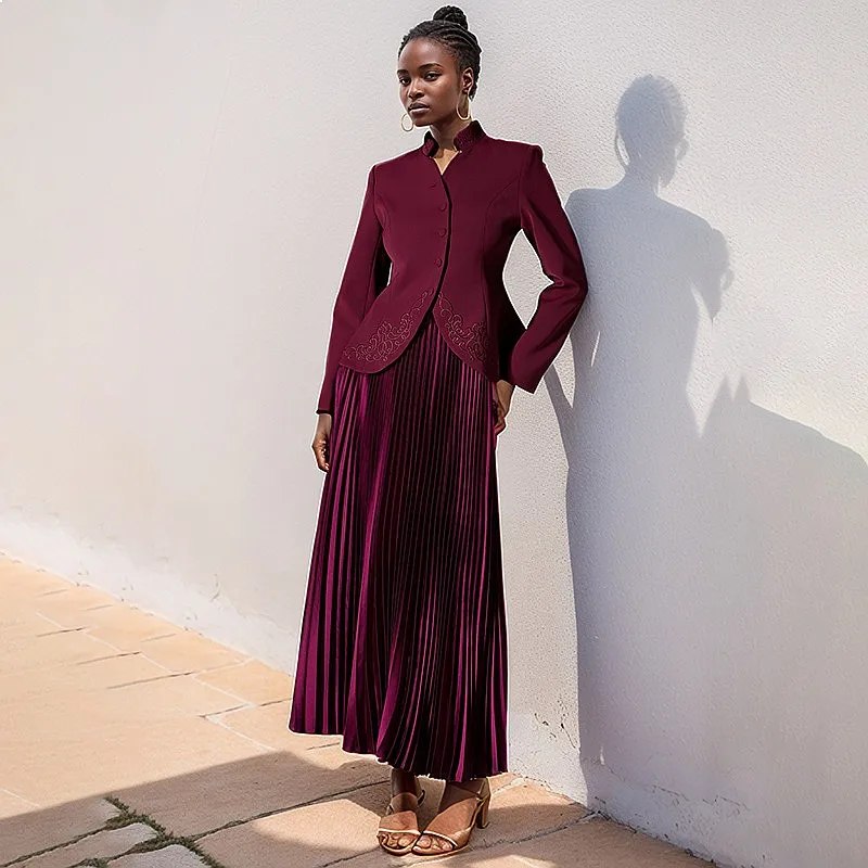 Fashion Elegant Matching Set Women Embroidery Stand Collar Single Breasted Top Pleated High Waist Skirt