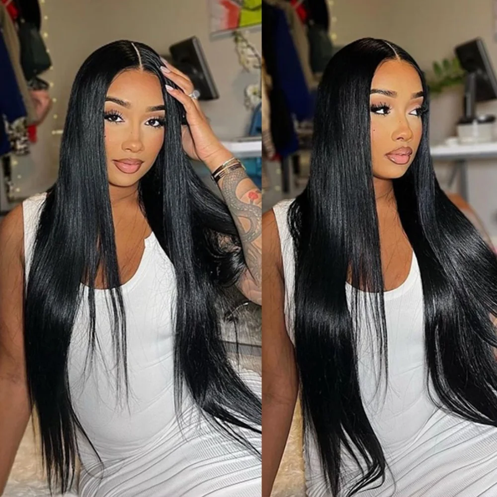 Peluca de cabello humano liso de 40 pulgadas, postizo de encaje Frontal transparente 13x4, Color Natural, 200% de densidad, brasileño, predesplumada