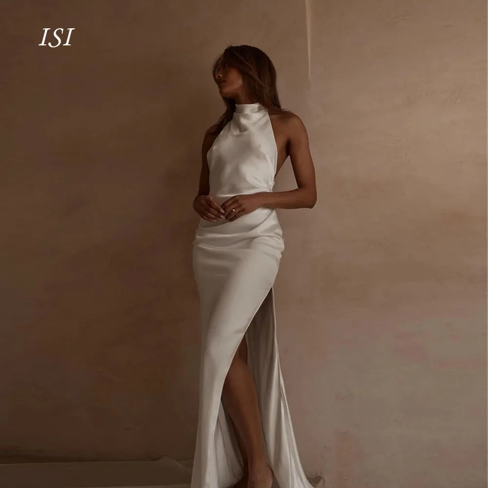 Vestido de Novia Moderno Personalizado ISI, Estilo Sirena, Color Marfil, Satinado, con Espalda Descubierta y Abertura Lateral Alta, Vestido de Novia Sencillo 2026