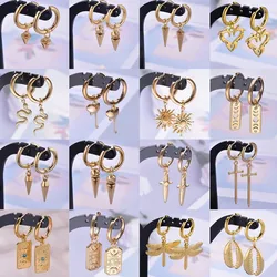 Real Gold Plated Hoop Dangle Earring Pointed Cone Heart Sun Eye Stainless Steel Earrings For Women Men Jewelry Ear Piercing Gift