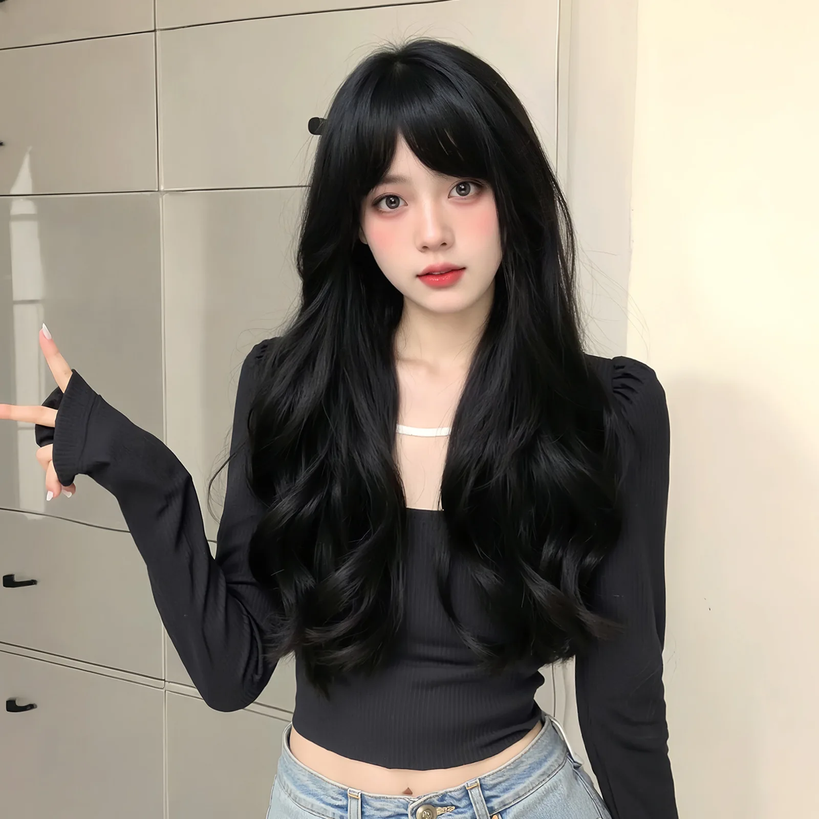 باروكة صناعية سوداء طويلة مموجة لحفلات الهالوين التنكرية للاستخدام اليومي، مجموعة شعر مستعار ملحقات درجة الحرارة العالية