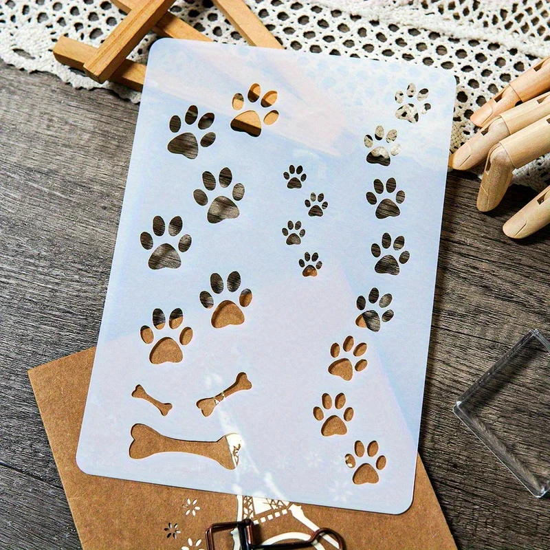 Estêncil de Pata de Cachorro com Osso, Reutilizável, em PET, para Pintura em Madeira, Parede, Tecido, Scrapbook, Criação de Cartões e Artesanato DIY