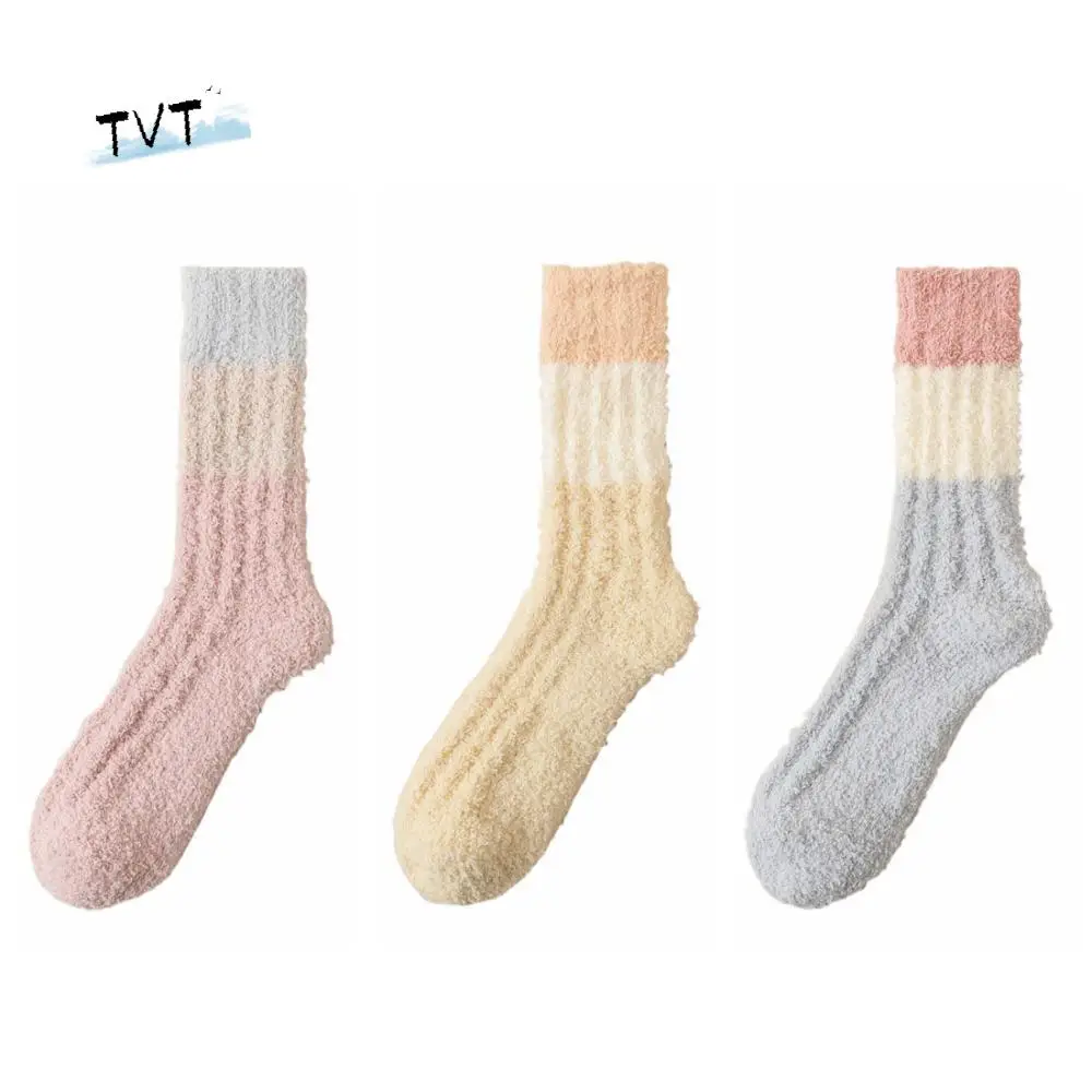 

3Pairs Comfortable Thickened Coral Fleece Socks Winter Stripe Floor Plush Socks Hosiery Sleeping Mid Tube Socks Women Autumn