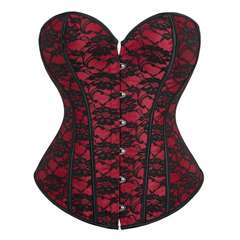 Red Satin & Black Floral Lace Patchwork Vintage Corset Overbust Steampunk Espartilhos Sexy Lingerie Gothic Bustier Top For Women