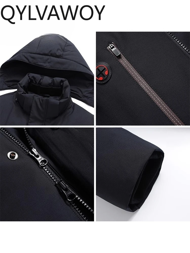 QYLVAWOY 50% ウール メンズ 中年高齢者 ウール & マルベリーシルク 厚手ミッドロングトレンチコート 取り外し可能なフード付きダウンジャケット LJ2083