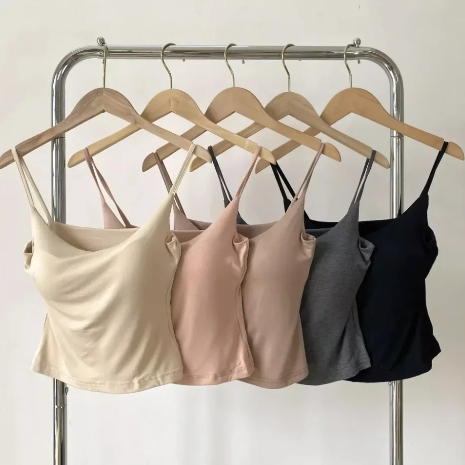 Summer Solid Color Camisole for Women All-in-one with Breast Pads for Outer Wear & Inner Wear for Women with Slim Bottoming Tops