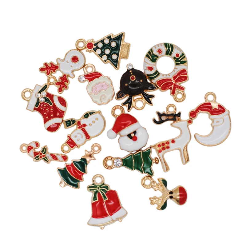 

30pcs/Lot Mixed Christmas Style Enamel Charms Christmas Tree Snowman Sock Deer Shape Pendants For Jewelry Making Bulk