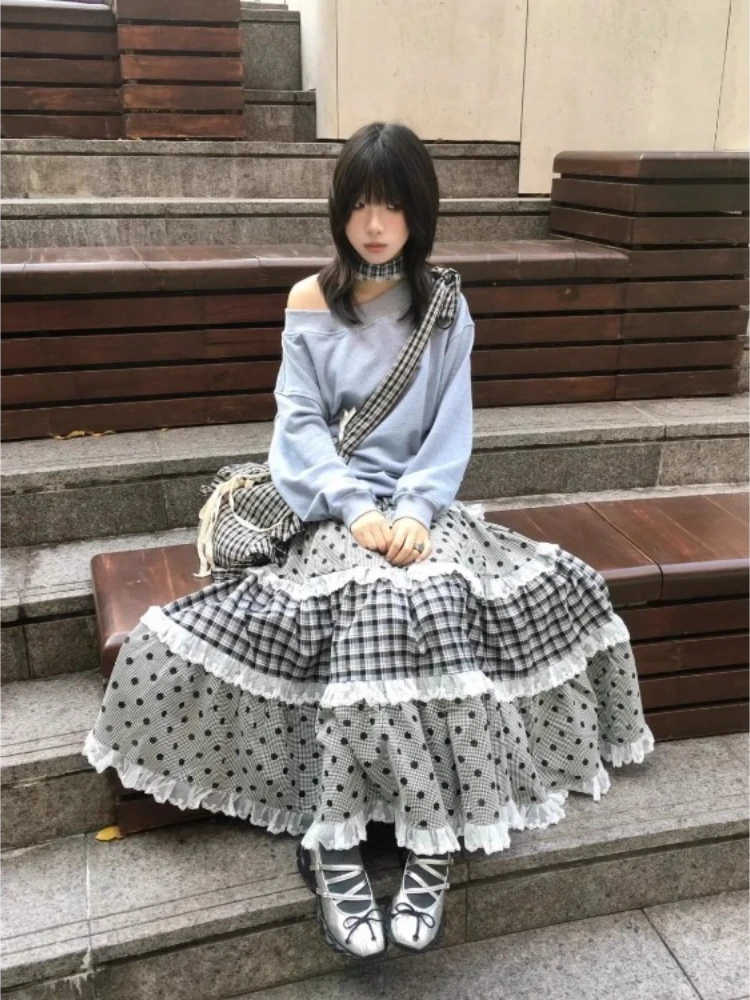 Elegant Retro Plaid Wave Point Skirts Lace Patchwork Ruffles A-line Skirt for Women Harajuku All-match Falda Sexy Mujer