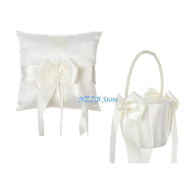 

T21F Wedding Rings Bearer Basket Cushion Bows for Wedding Commitment Decors