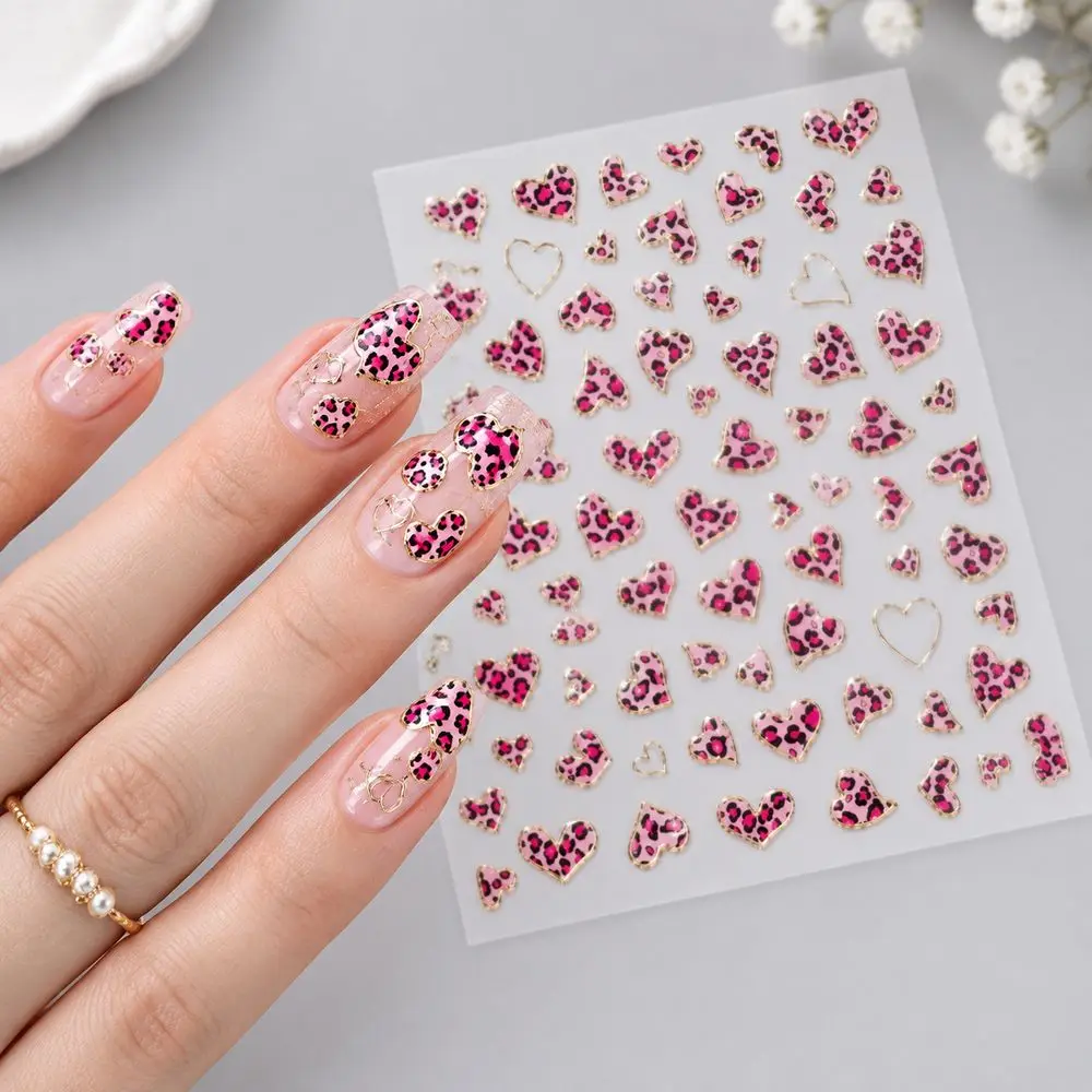 1Pc Scratch Resistant Nail Sticker 5D Leopard Heart Shiny Metallic Print Durable Style for Daily Outdoor Wear DIY Nail Art Decal