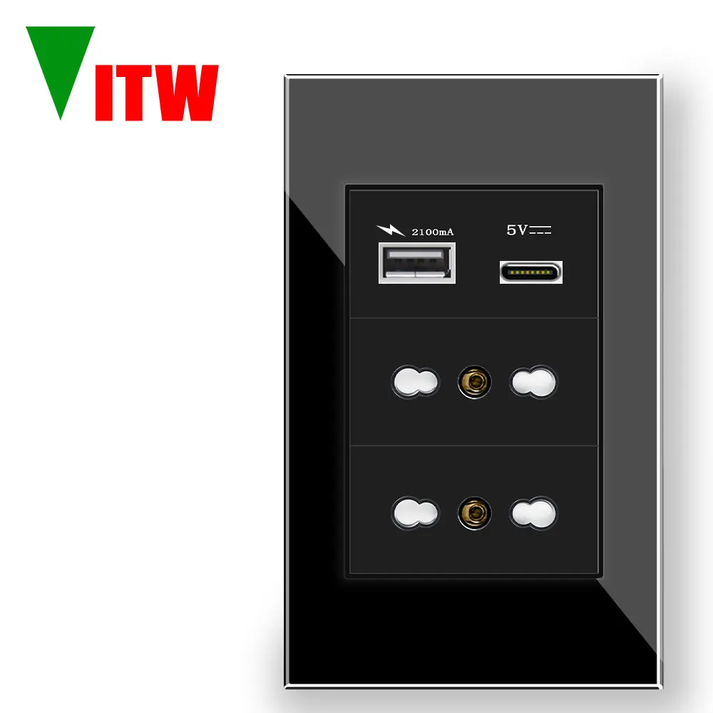 Vitw 120 * 72mm Italian standard wall socket, Chile embedded 16A power supply with USB tempered glass panel A+C charging socket