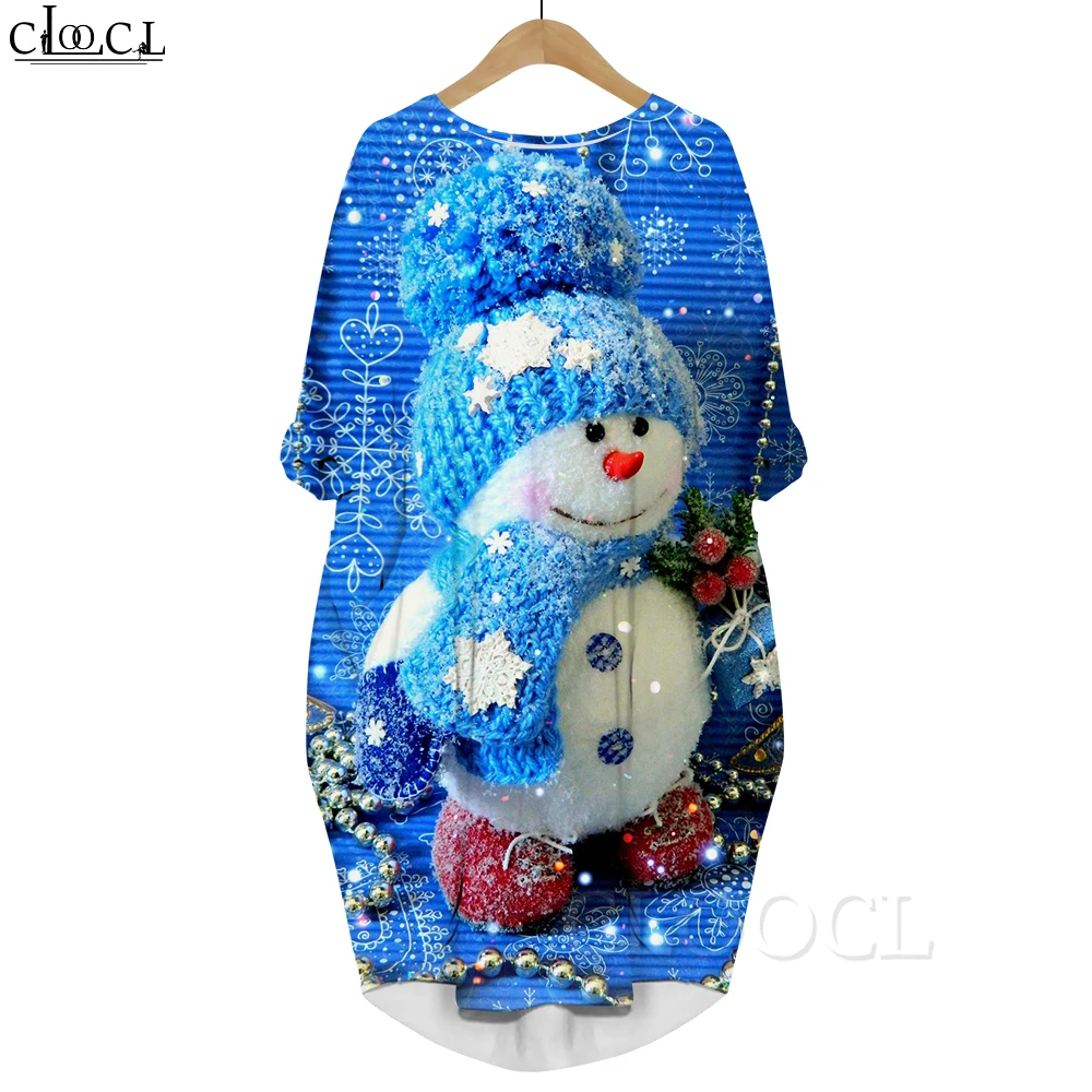 

CLOOCL New Fashion Women Pocket Dress Kawaii Snowman Pattern 3D Printed Long Sleeve Dress Casual Christmas Party Clothing