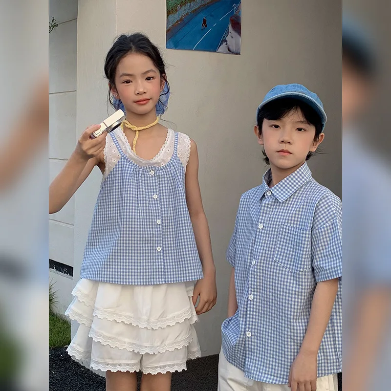 

Preppy Style Baby Twins Matching Clothes Outfit Short Sleeve Plaid Shirt for Boys Girls School Blouses School Kids Child Tops