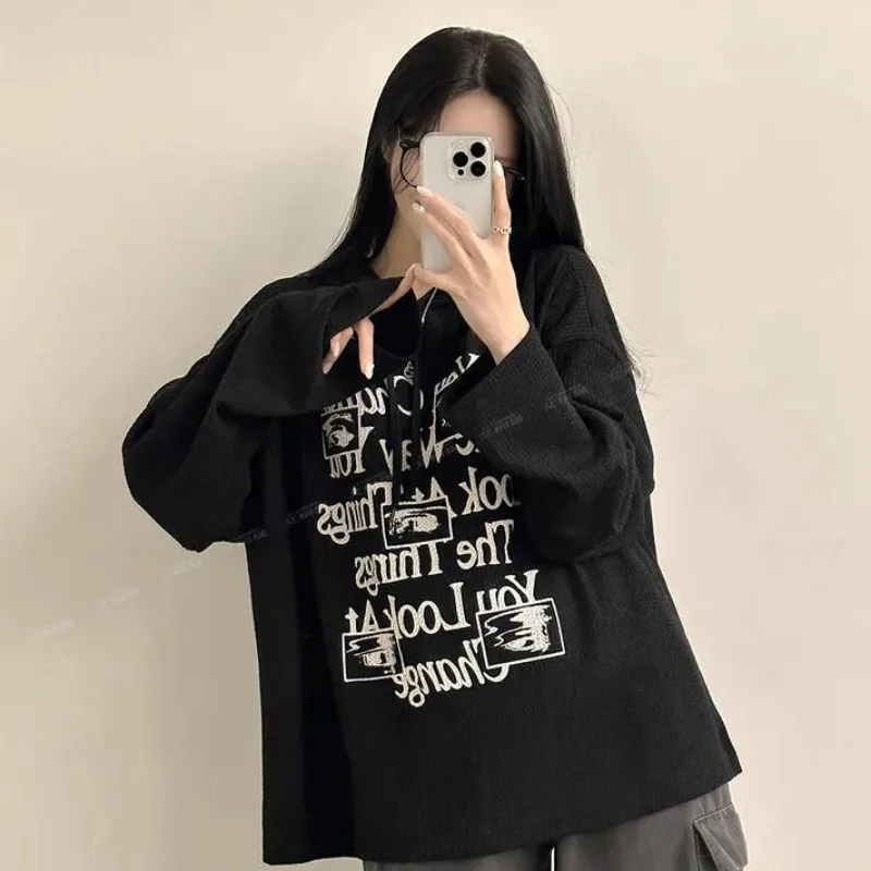 Sudaderas con capucha informales con estampado de letras para mujer, Tops sencillos y holgados de manga larga, sudadera de calle estética Y2k, Otoño e Invierno