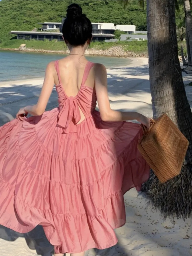 Pink Seaside Vacation Style Dress Long Backless Temperament Fairy Lace-up Strap for Women Season