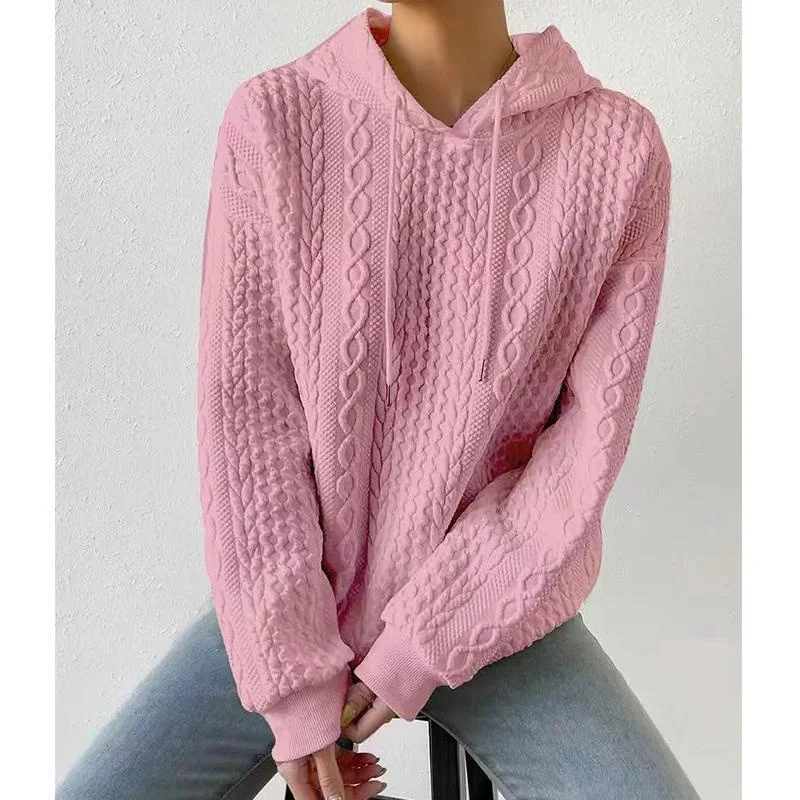 Women's casual hoodie jacquard solid color long sleeved pullover autumn/winter drawstring sports sweater fashionable top