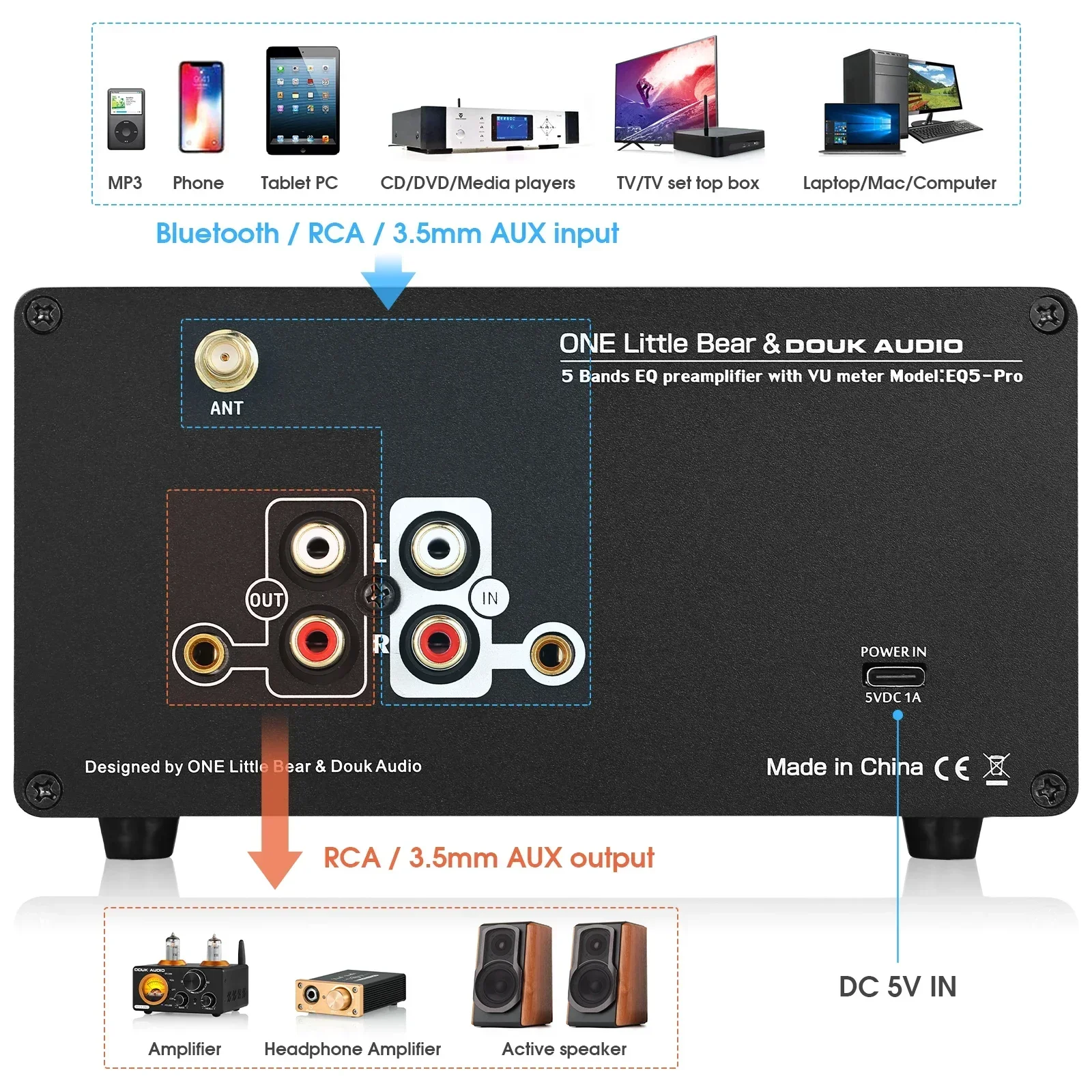 Douk audio eq5 pro bluetooth 5-band vorverstärker eq equalizer 3,5mm aux analoger audio prozessor für lautsprecher/verstärker mit vu meter