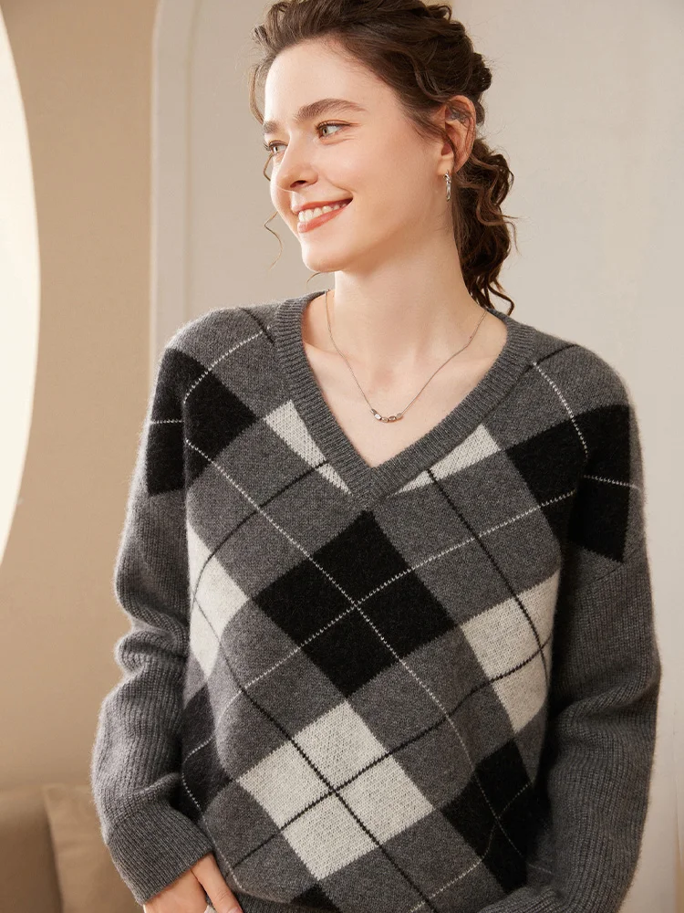 

MEETCC Autumn Winter Women's 100% Cashmere Pullover Thick Warm Rhomboids Sweater O Neck Chic Cashmere Knitwear Female Tops