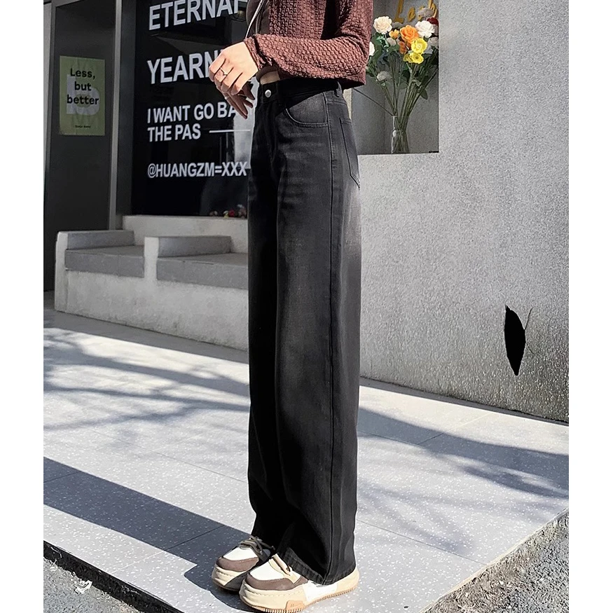 Black and grey wide-legged jeans female 2024 spring and autumn new small high-waisted loose leisure straight drag trousers