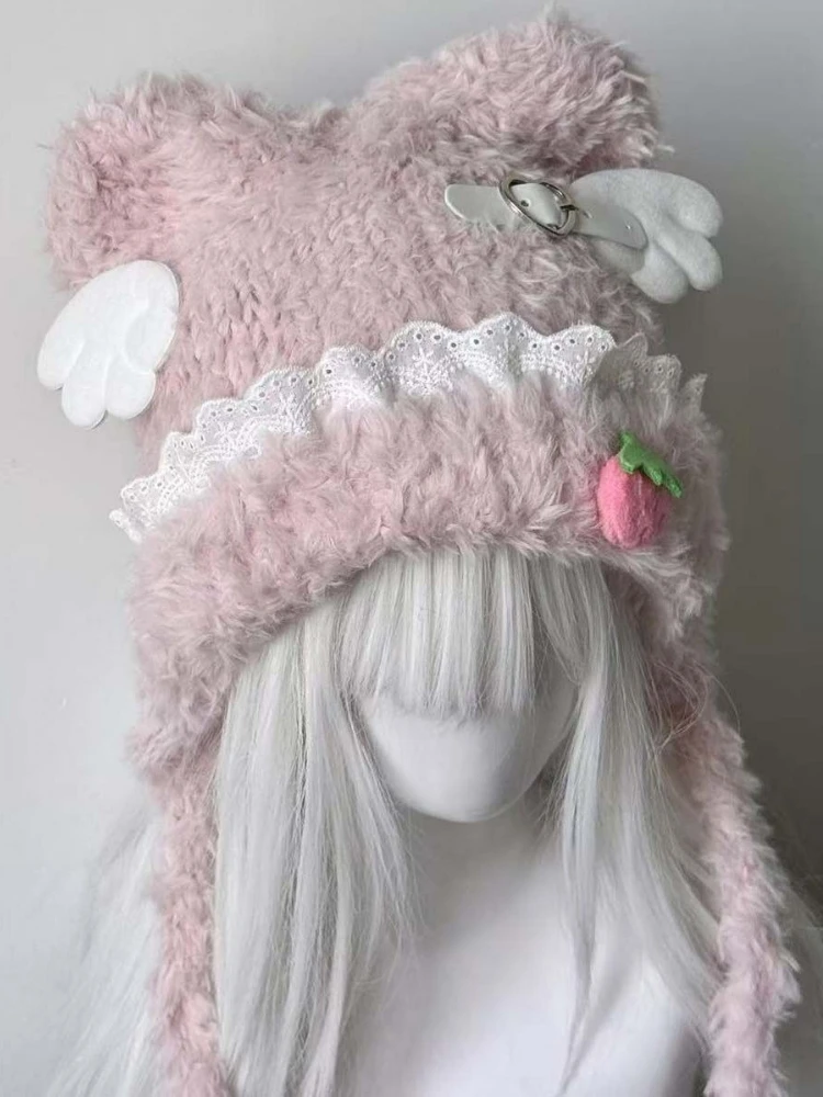Y2k Aesthetic Lace Patchwork Cute Knitted Fairy Hat Vintage Grunge Kawaii Wing Winter Cap Harajuku Cute Strawberry Women Hats