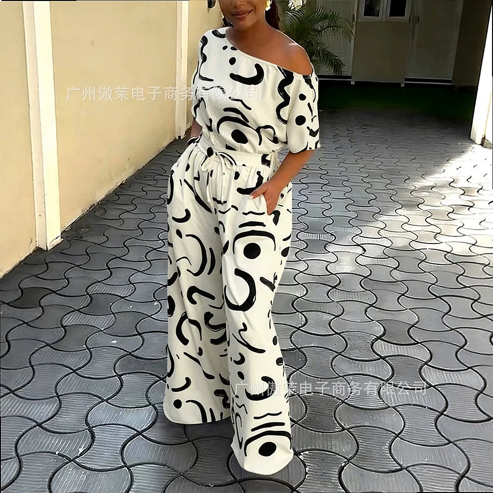 Black White Brush Print One Shoulder Wide Leg Jumpsuit, Summer Overall Playsuit Matching Set