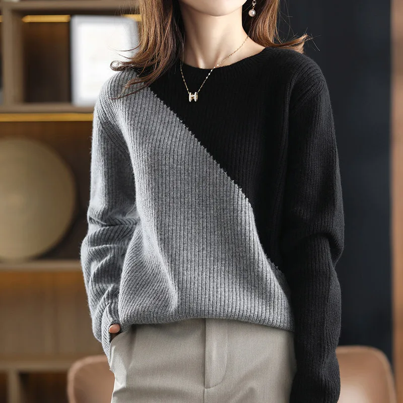 

Autumn Spliced Knitted Sweater Patchwork Casual O Neck Pullovers Vintage Office Lady Jumpers Streetwear Women'S Clothes Commuter