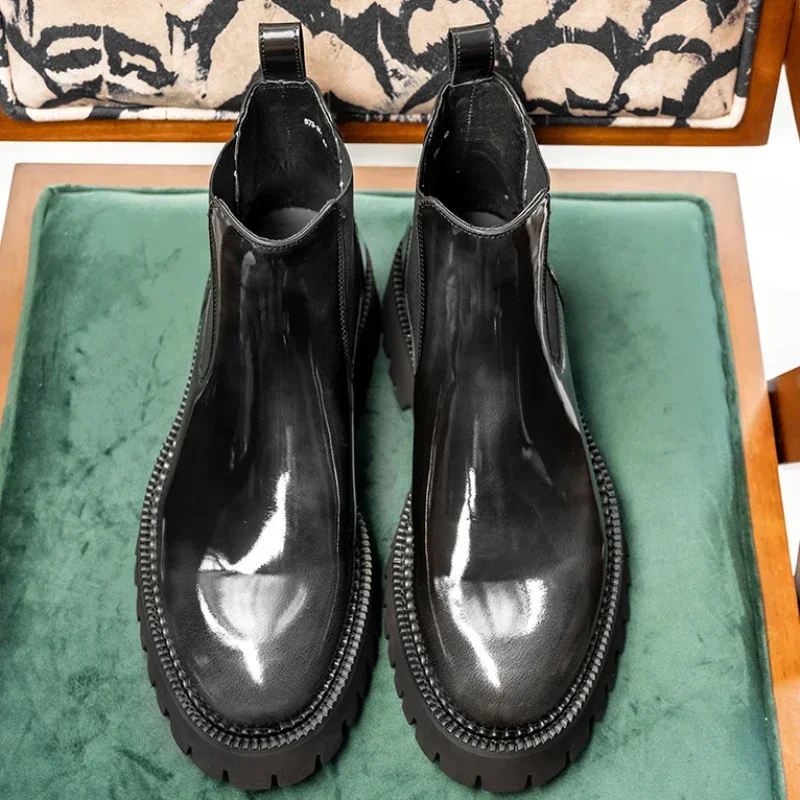 

Luxury Patent Leather Mens Chelsea Boots Handmade Quality Comfortable Genuine Leather Slip on Round Toe Black Business Shoes Man