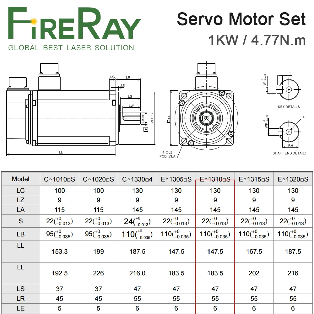 FireRay 1KW AC Servo Motor Driver Kits 4.77N.m 2000rpm B2 Series ASD-B2-1021-B+ECMA-E21310RS with 3m Cable