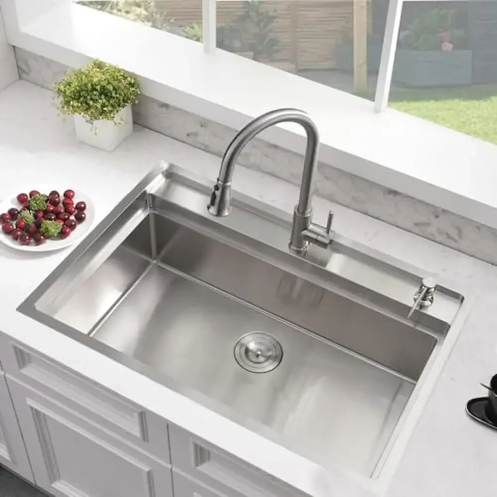 Stainless Steel 33x19 Kitchen Sink Drop In Workstation with Noise Reduction Anti-condensation Splash Guard Includes Dish Grid